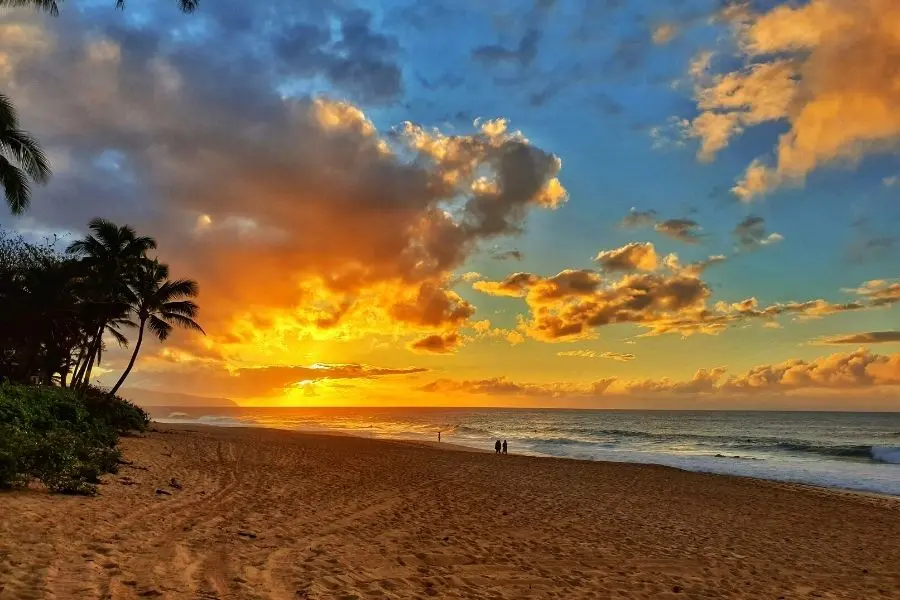 Magical sunset at Oahu beach in Hawaii in Winter