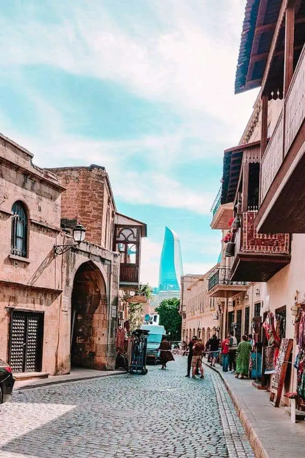 icherisheher inner city baku old city view flame towers