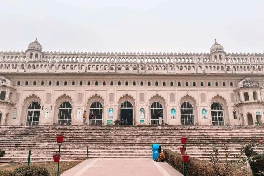 bara imambara main facade with arched entrances, long staircase, and symmetrical architecture, lucknow