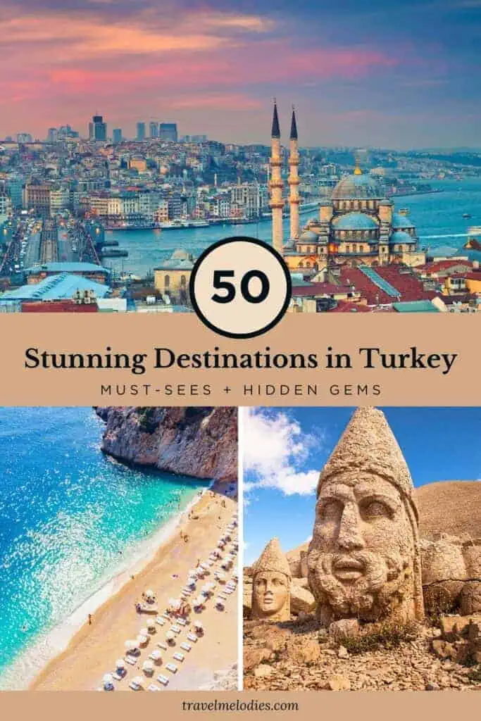 pinterest pin featuring '50 stunning destinations in turkey' with images of istanbul’s skyline, a turquoise mediterranean beach, and the iconic stone heads of mount nemrut