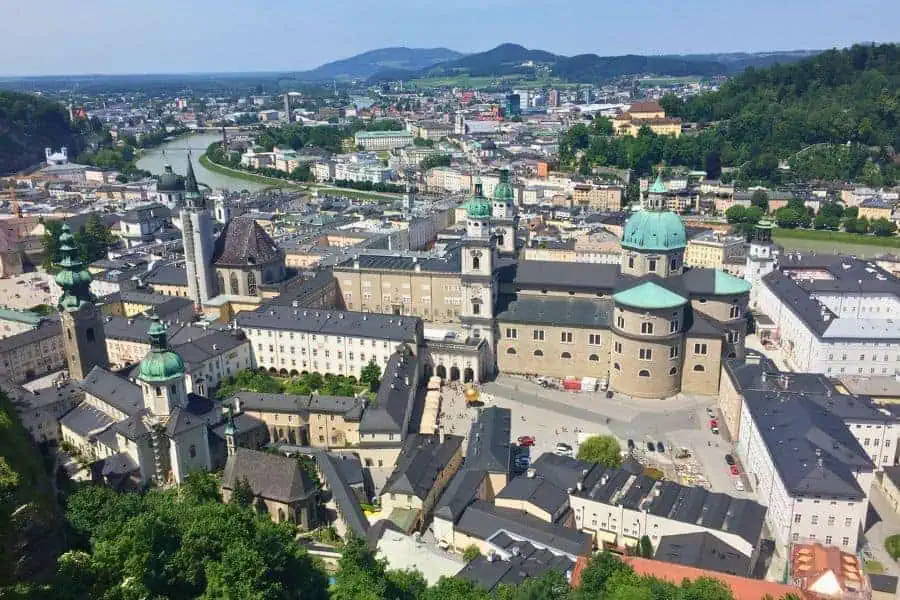 panoramic view of salzburg from reckturm tower lookout platform at hohensalzburg castle