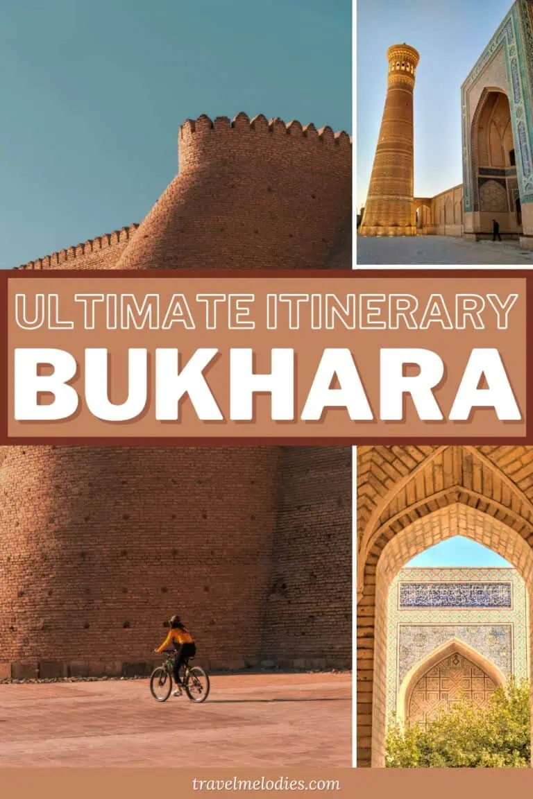 pinterest graphic for Faraway Notes featuring bukhara’s ark fortress, kalyan minaret, and madrassa arches
