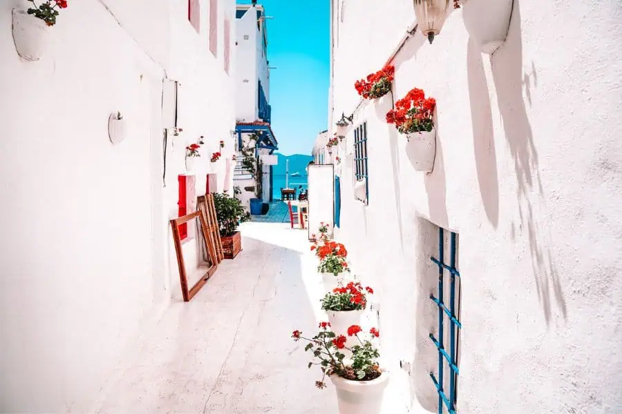 cobbled narrow streets white houses bodrum turkish riviera turquoise coast
