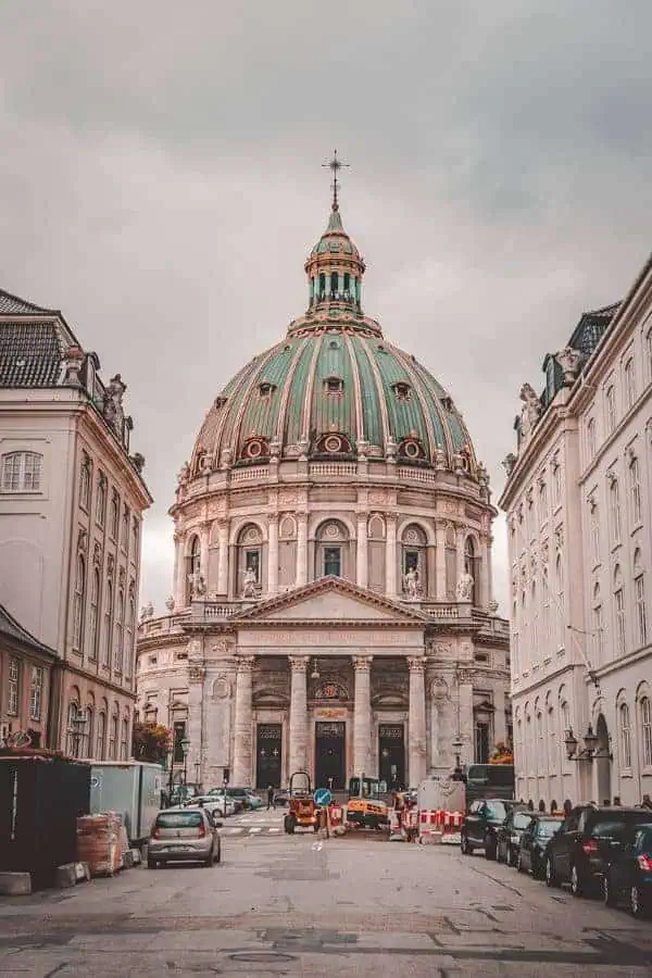 The green copper dome of the Marble Church (Frederik's Kirke) rising above the streets of Copenhagen, Denmark