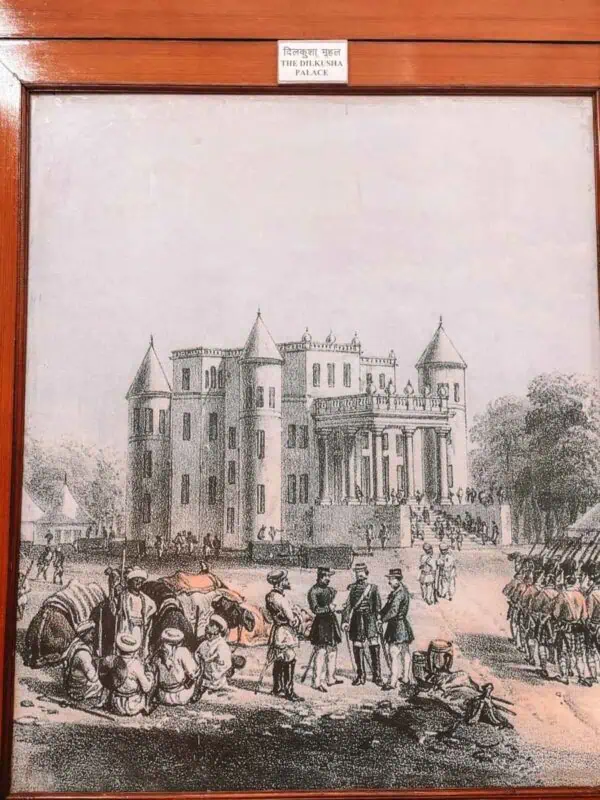 historic illustration of dilkusha palace displayed at the residency museum, lucknow