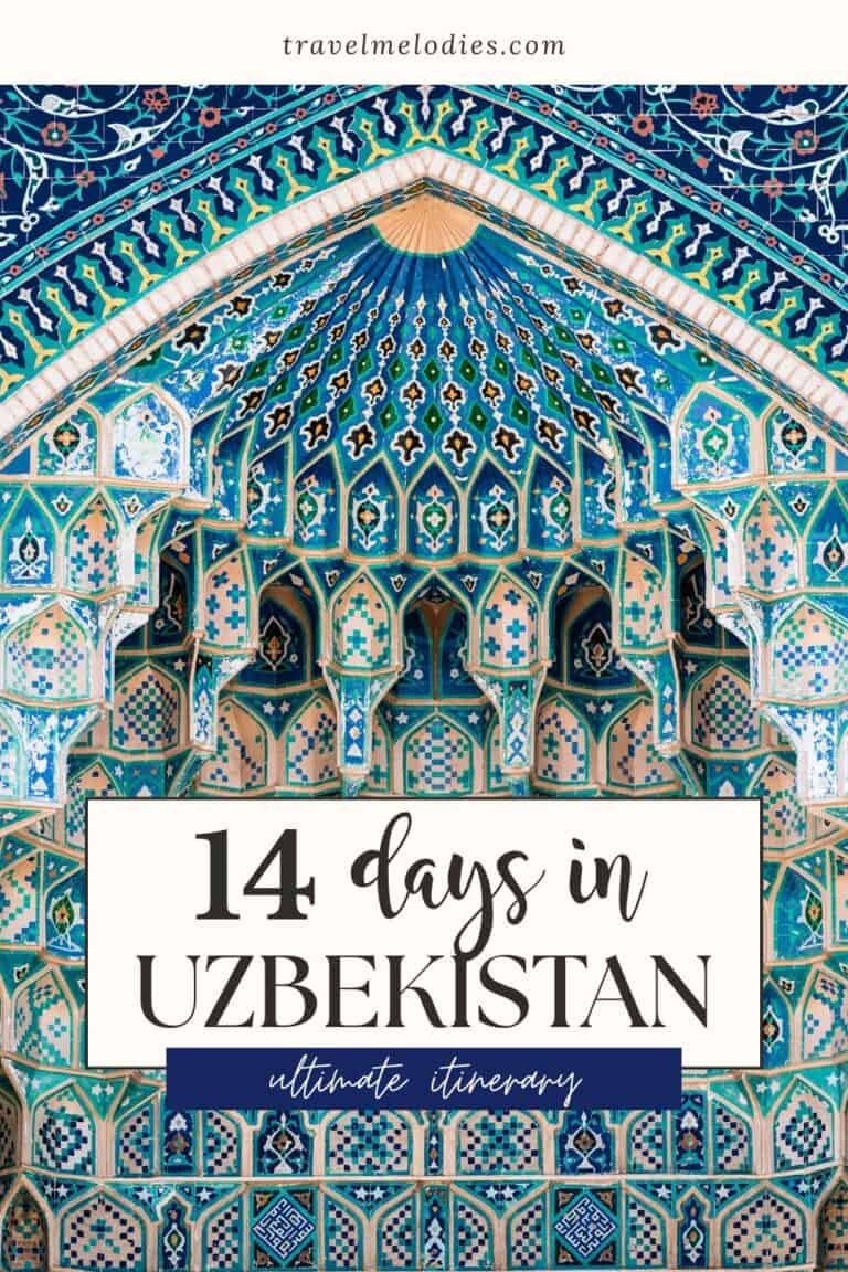 intricate turquoise and blue mosaic tiles of a samarkand mausoleum in uzbekistan, featuring geometric patterns and muqarnas details, with text overlay reading “14 days in uzbekistan – ultimate itinerary pinterest graphic