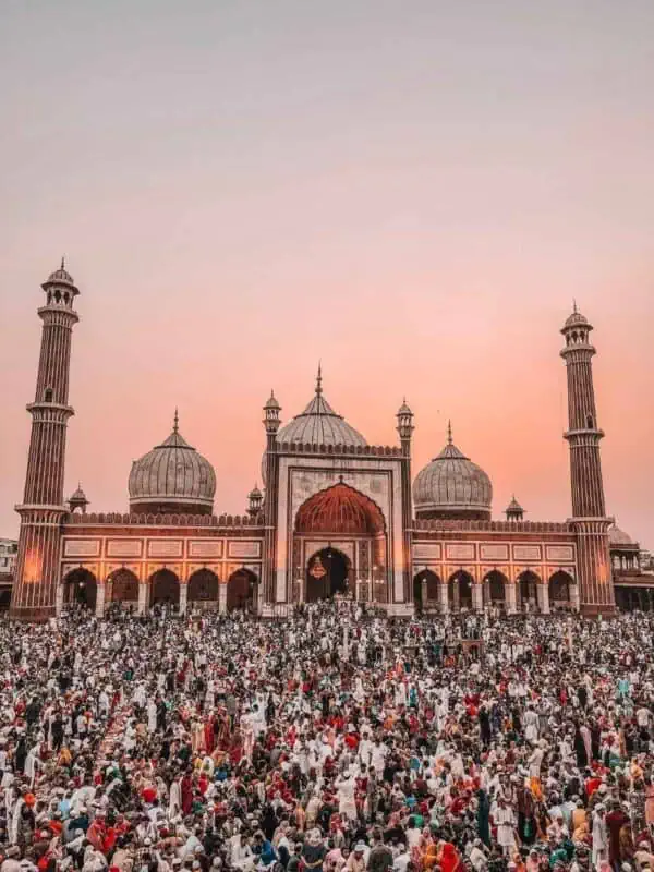large crowd gathered outside jama masjid in delhi during evening prayers