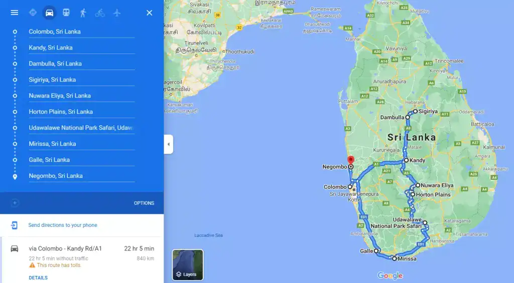map sri lanka itinerary