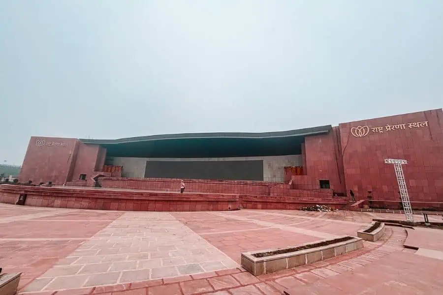 rashtriya prerna sthal complex with red stone plaza and central stage, lucknow