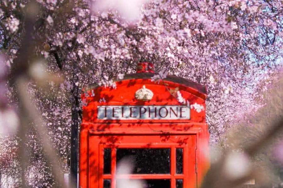 red telephone booth spring europe
