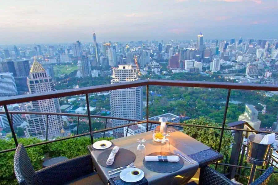 panoramic view of the city of bangkok from a rooftop restaurant