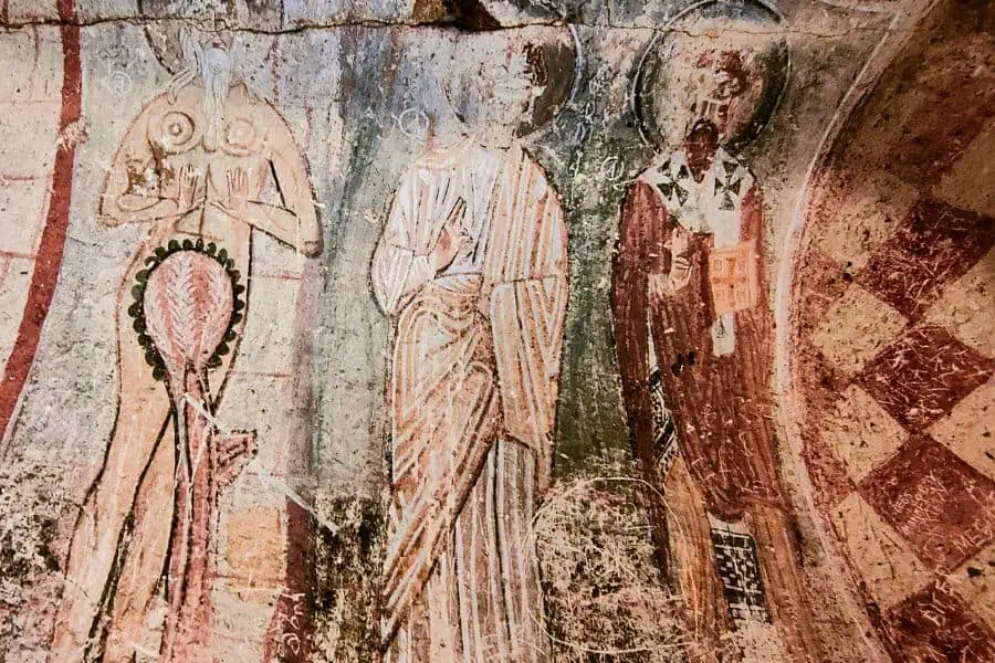saint basil, saint thomas, and saint onuphrius covering his genitals with a palm leaf frescoes snake church goreme museum cappadocia