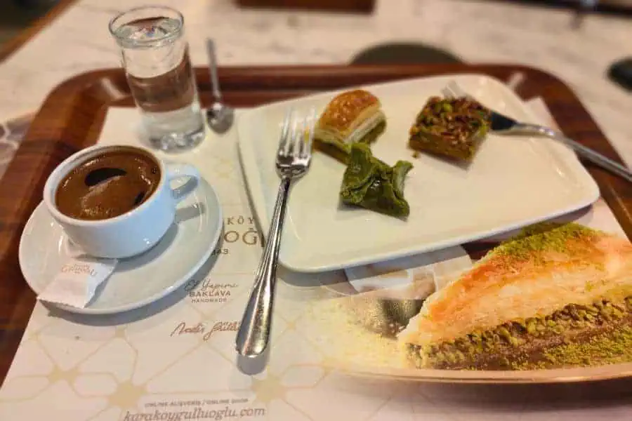 coffee traditional turkish baklava nadir gullu karakoy gulluoglu 1843 istanbul turkey