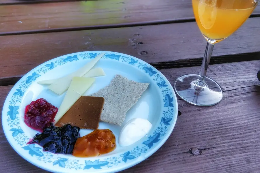 A plate showcasing Undredal brown cheese. white cheese, cloud berry jam, cream and local juice.