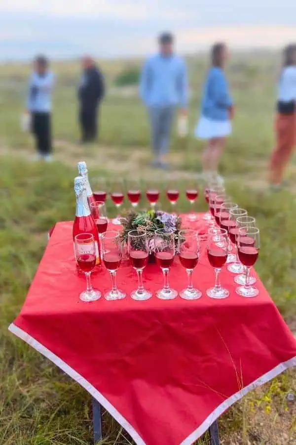 celebrating with champagne after a successful hot air balloon flight 