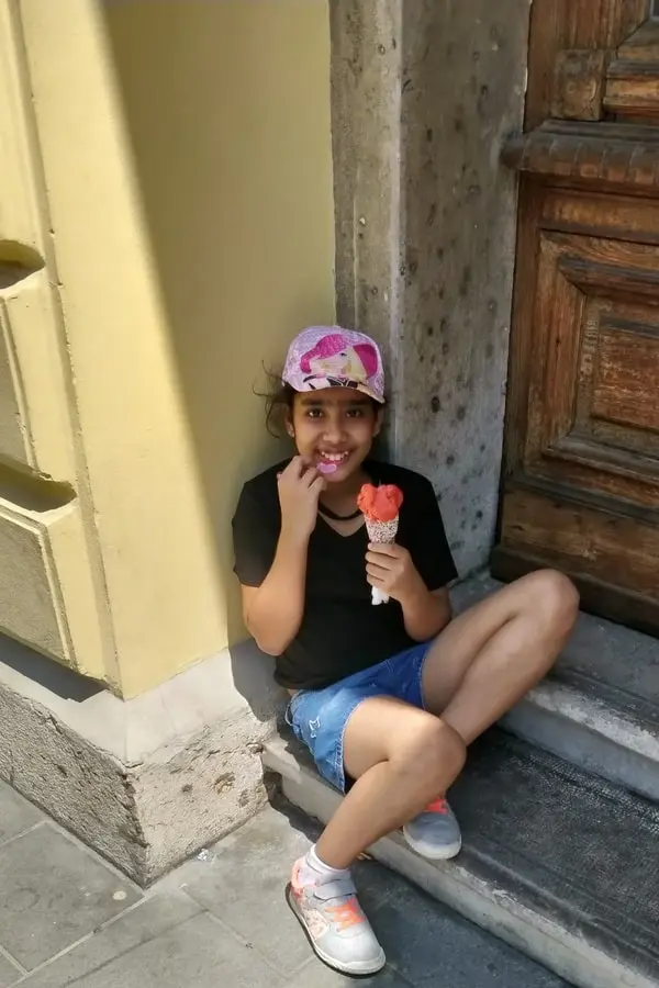 mini-me enjoying gelato ice-cream Gelateria Romantika ljubljana