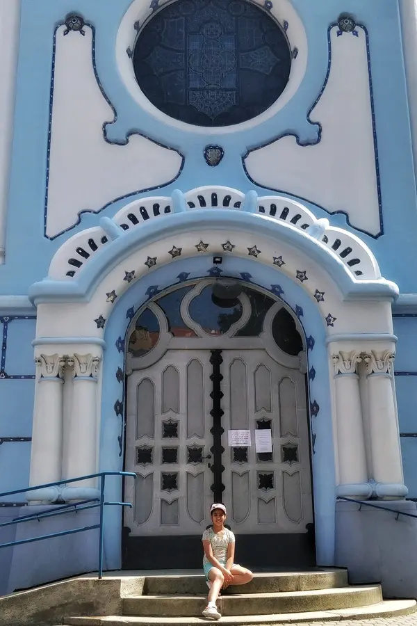 Mini-me posing at the blue church in Bratislava Slovakia