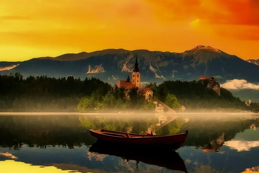 sunrise over lake bled