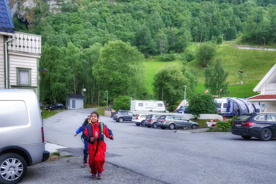 Kids playing around the village of Undredal in Norway