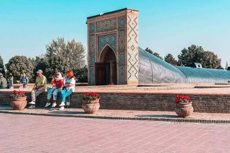 ulugh beg observatory entrance with tiled arch and reconstructed underground sextant tunnel in samarkand