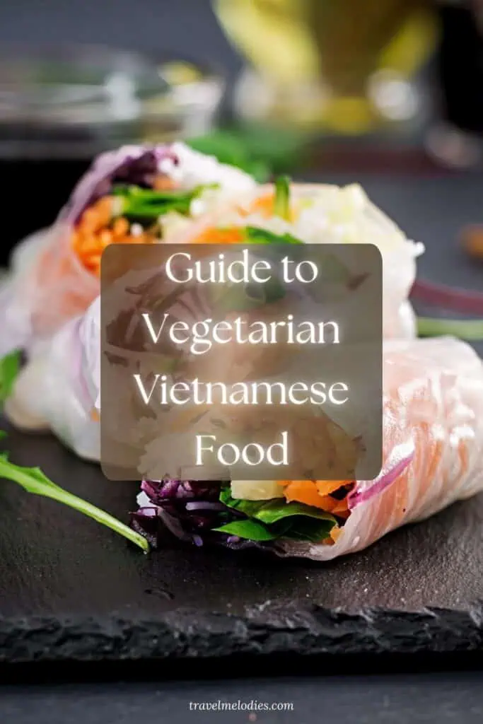 fresh vietnamese vegetarian spring rolls with colorful vegetables on a black slate plate, with overlaid text that reads 'guide to vegetarian vietnamese food' and Faraway Notes.com at the bottom