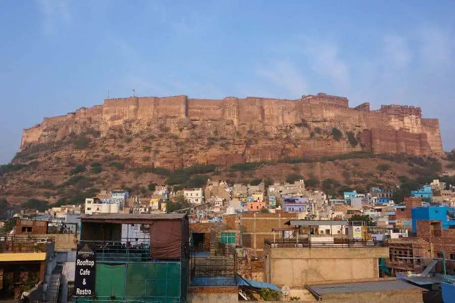 view of mighty mehrangarh fort from our room in jhankar haveli jodhpur